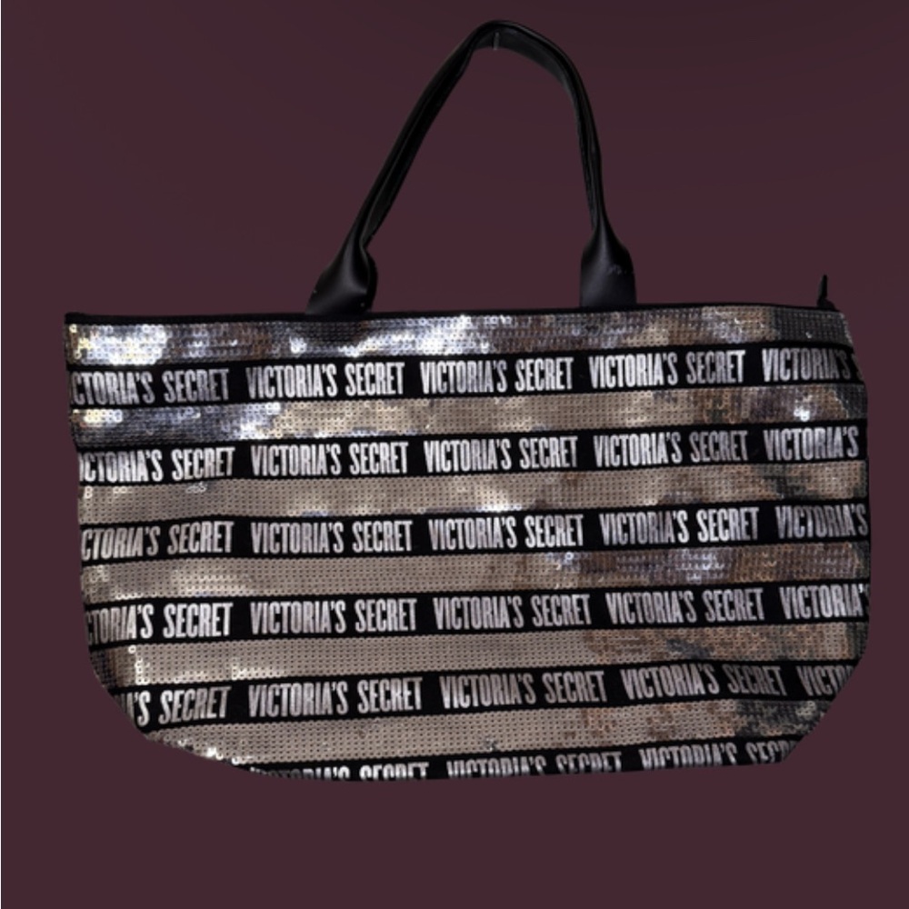 Victoria's Secret Black & Silver Sequin Logo Stripe Tote